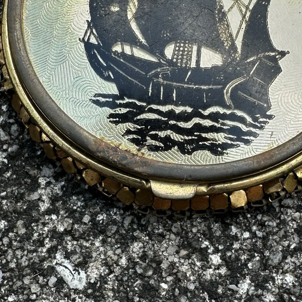 VTG Galleon Ship Powder Compact Gold Tone Guilloché Foil Nautical Vanity Compact